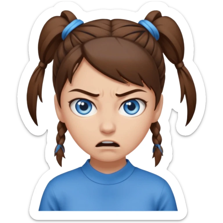 girl with blue eyes, brown hair tied up, angry sticker