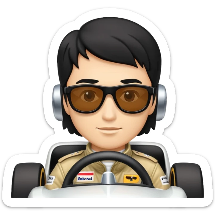 a men with black hair and sunglasses that is driving a f1 car sticker