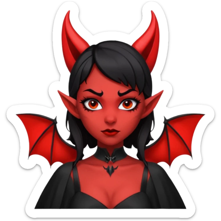 demon girl, skin red (no pale/blush), black hair, small horns, pointed ears, bat wing, black open-back dress, bold black outlines, red+black palette sticker