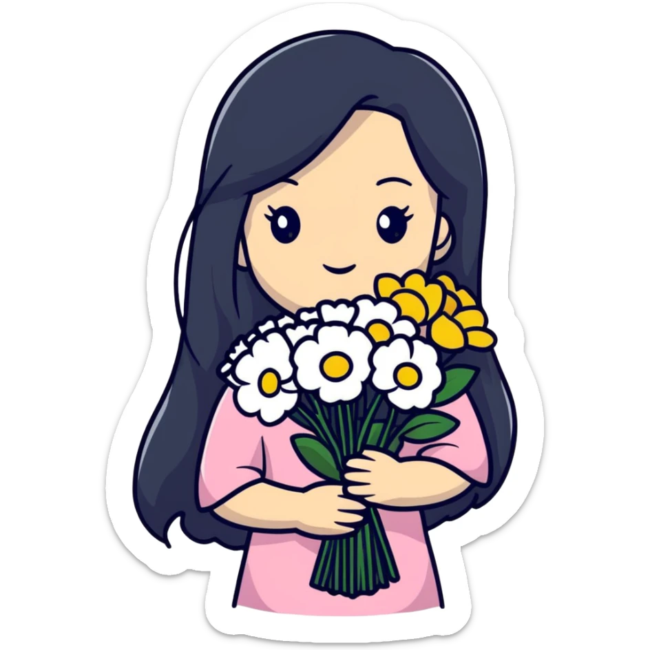 beautiful girl with long black hair holding a bouquet of flowers sticker