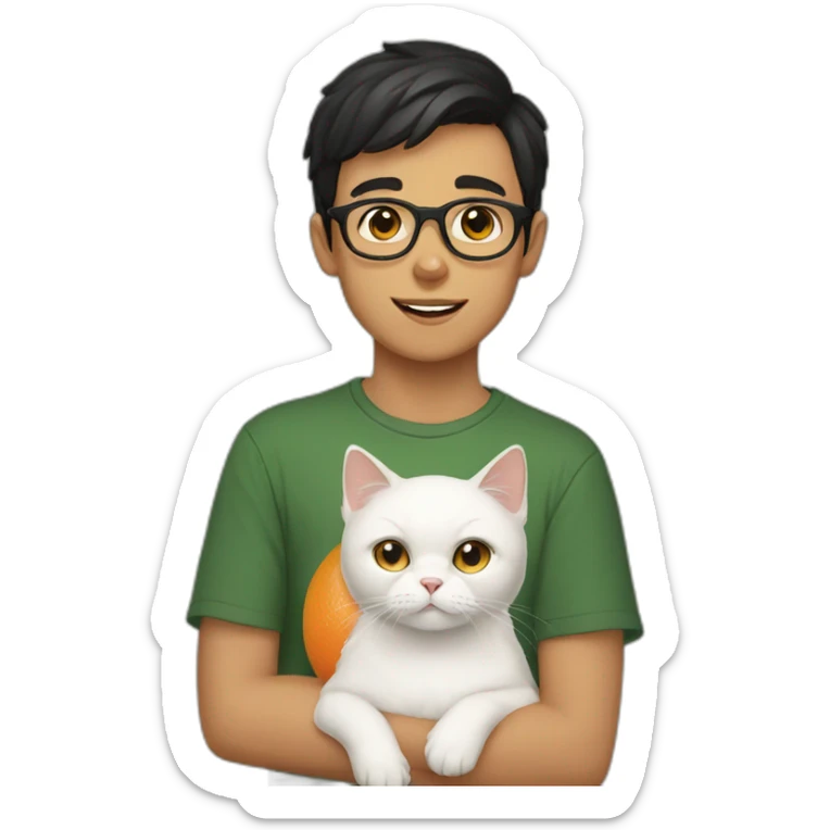 Boy with green eyes, black short hair, white skin, with glasses, holds orange Persian cat sticker