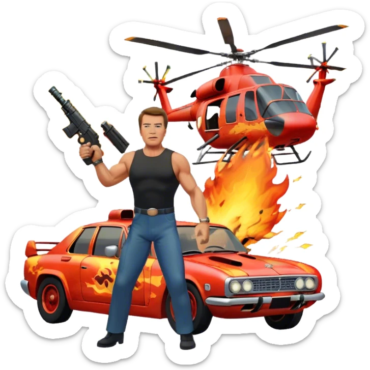 Icon for Action Movies: Arnold Schwarzenegger in the lead role, in an intense action pose with weapons, explosions, a car and helicopter flying out of flames in the background. The design should capture the explosive energy and heroism of classic action films. Transparent background. sticker