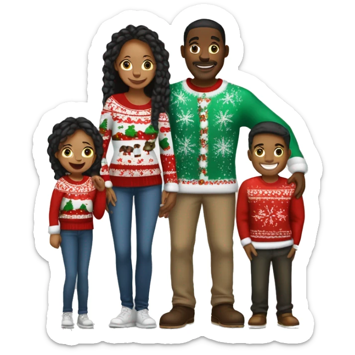 Black family of four members with Dad, Mom, Son, and Daughter. The Son and Daughter are teenagers. The Mom has braids. The Dad is light skinned.All family members are wearing Christmas sweaters and Santa hats.  sticker