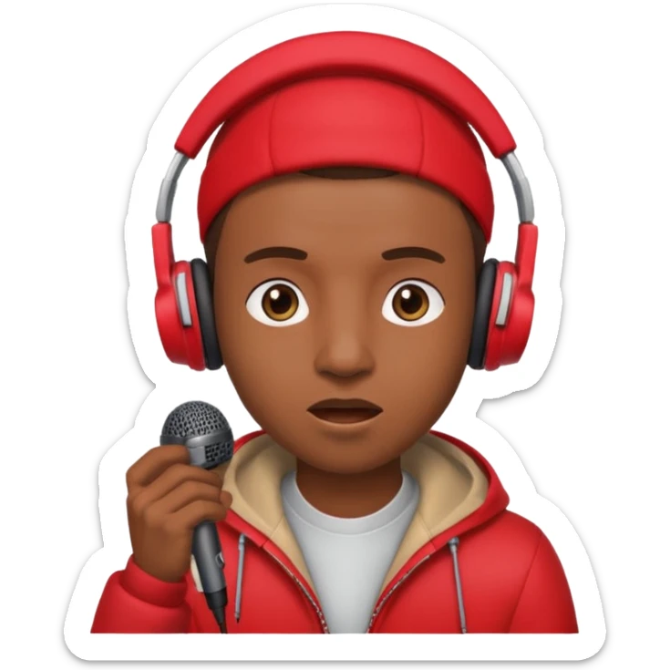 emoji de persona haciendo beatbox con un micrófono y unos audífonos rojos puestos sticker