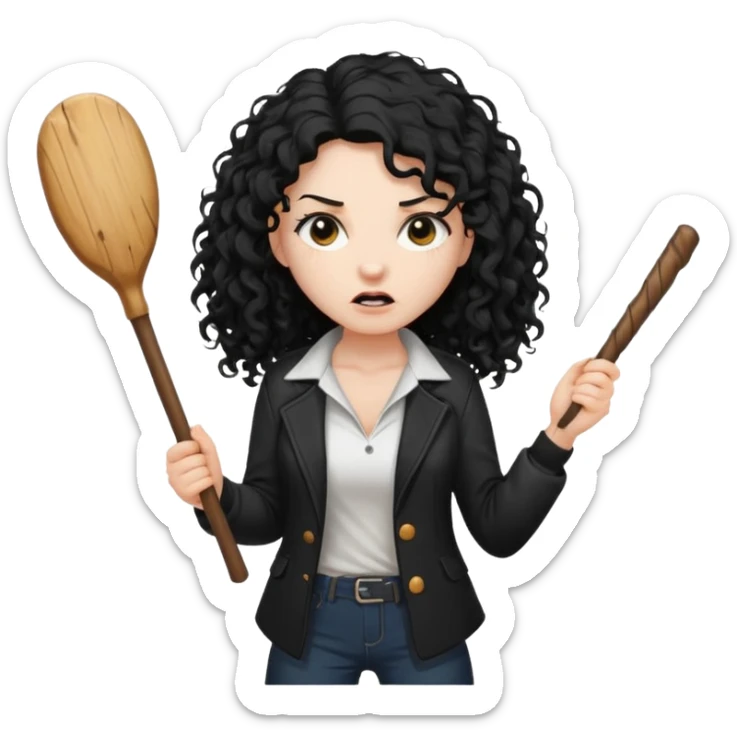 Hey, please generate me an emoji that depicts a woman white skin long black curly disheveled hair slightly thicker, she is wearing a white T-shirt and a black unbuttoned jacket she is furious she is holding a large wodden STICK  sticker