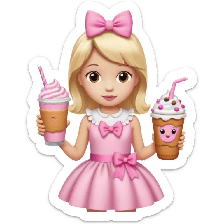 A little girl with a Dunkin' milkshake and a donut with pink frosting and marshmallows, wearing a pink coquette-style dress with bows and blonde hair. sticker