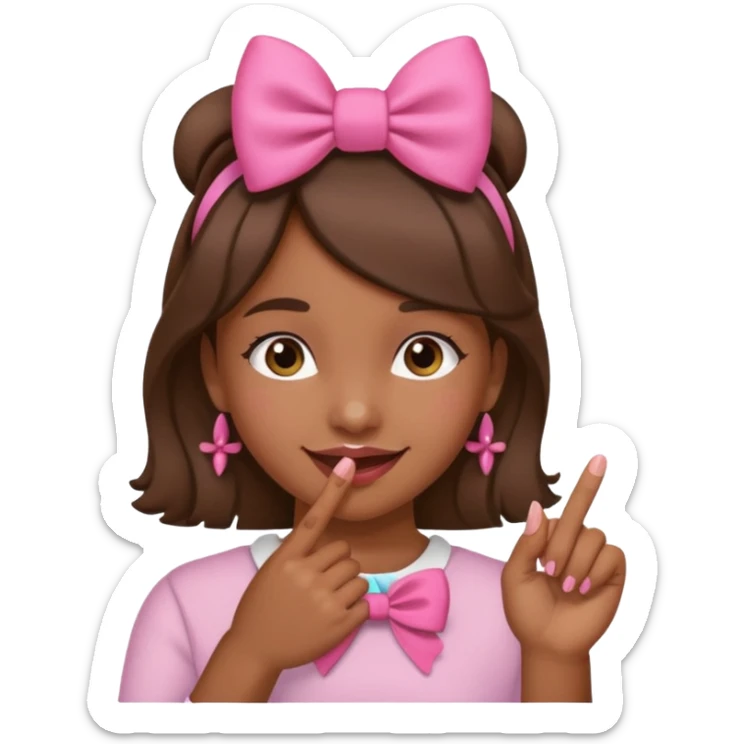 Chica morena sonriendo con un lazo rosa en la cabeza y mordiendose la punta del dedo indice con delicadeza sticker