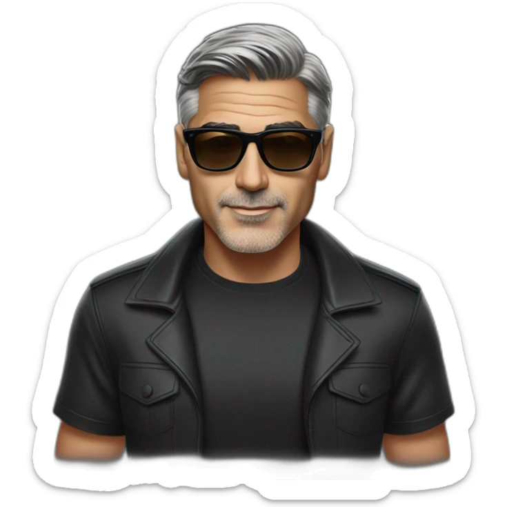 George Clooney wearing a black tshirt, with dark brown hair, a high fade, rayban wayfarer sunglasses sticker