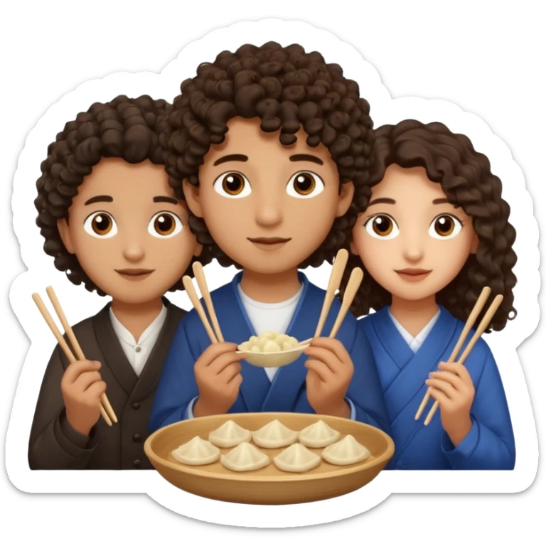 Can you create an emoji of three 23 year olds eating dumplings. One boy with wavy curly hair and one Jewish girl with long dark brown curly hair and one half Indian / half white girl with mid length straight dark brown hair. All brown eyes sticker