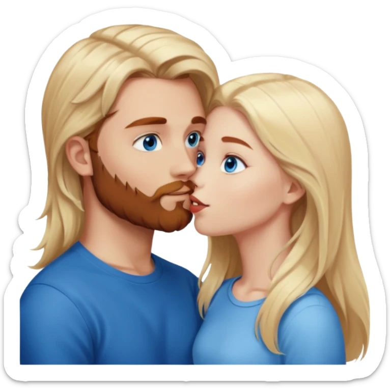 Long-pale-blonde hair, beautiful girl with blue eyes facing, kissing reddish-brown hair-beard boy blue eyed white guy sticker