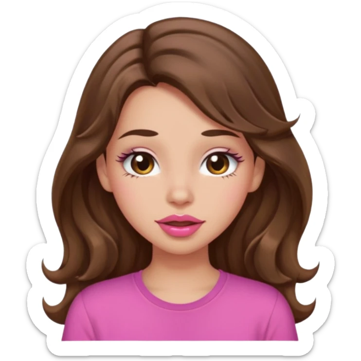 girl with long wavy brown hair, brown eyes, light to medium complexion, in a pink shirt, pink lips, long lashes, puckering lips, winking sticker