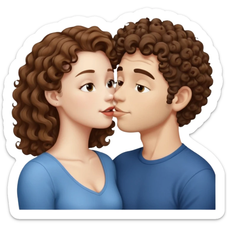 A couple kissing, the man would be white-skinned, mid fade-curly, brown-hair. The serious woman with white skin, brown color sticker