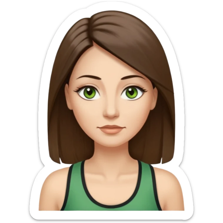 43 year old Adult woman avatar, light skin tone, long, oval face, long straight ashy brown hair, green almond-shaped eyes with dramatic eyelashes and minimal eyeliner, neutral mouth, medium straight eyebrows, average nose, smooth skin, high-neck tank top  sticker