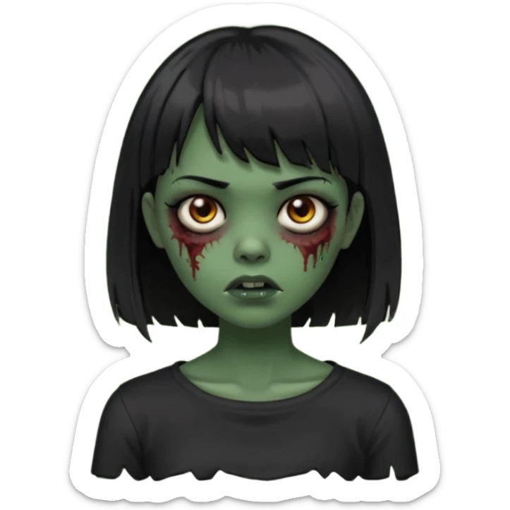 Zombie girl emoji verde escuro com cabelo curto liso preto no ombro e franja na altura da sobrancelha com uma blusa preta sticker
