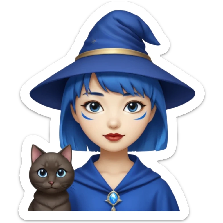 an asian short haired girl with electric blue highlighted short hair with bangs, with her silver left eye and dark brown right eye, with black cat eyed style eyeliner, and smirk of natural toned lipstick, with wizard hat with moon emblem on his hat. sticker