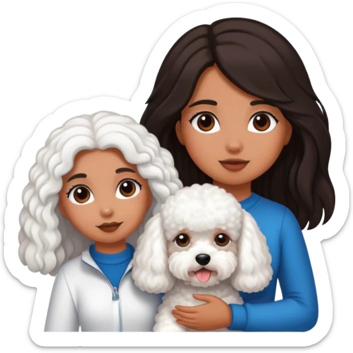 Tanned girl with dark, long hair and a bichon sticker