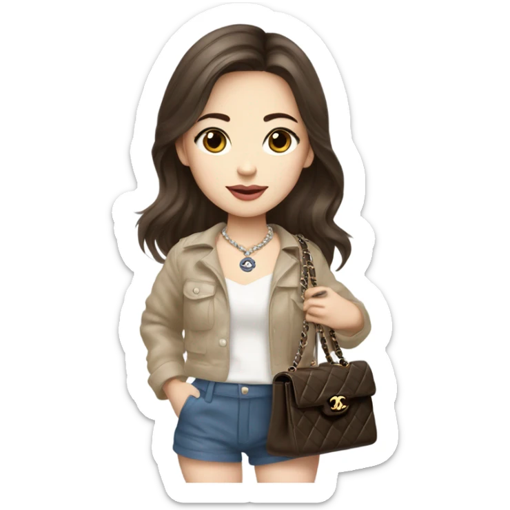 Realistic brown hair blue eyes Chanel Asian Girl with Birkin bag and Chanel necklace sticker