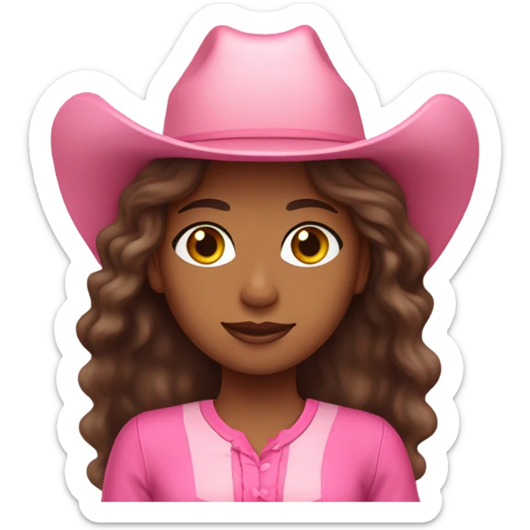 Brown girl with Long brown wavy hair pink outfit and pink cowgirl hat sticker