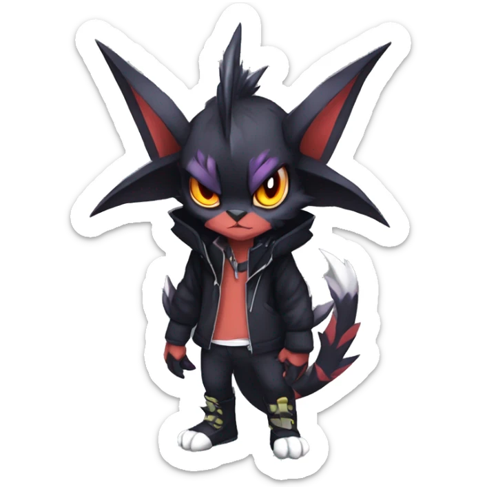 Cool Anthro Black Noivern-Absol-Litten-Pokémon with edgy stripes hoodie spiked collar punk Full Body sticker
