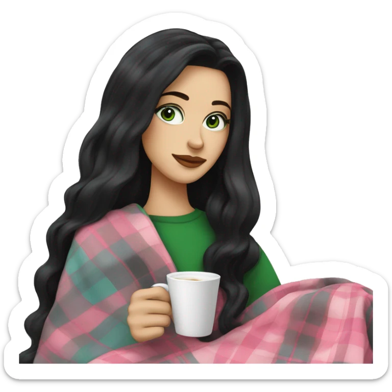 A pretty white woman with long black hair and green eyes wrapped in pastel pink plaid blanket drinking coffee sticker