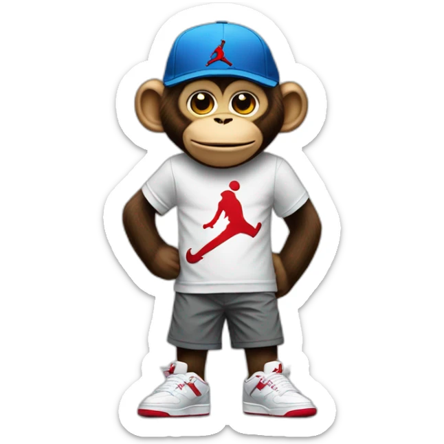 Monkey wearing Jordan 4 on its  feet  with a bunch of Nike clothes  with a Nike hat sticker