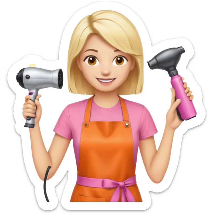 smiling blonde woman hairstylist, pink t-shirt, orange apron, hands raised, holding scissors and hairdryer sticker