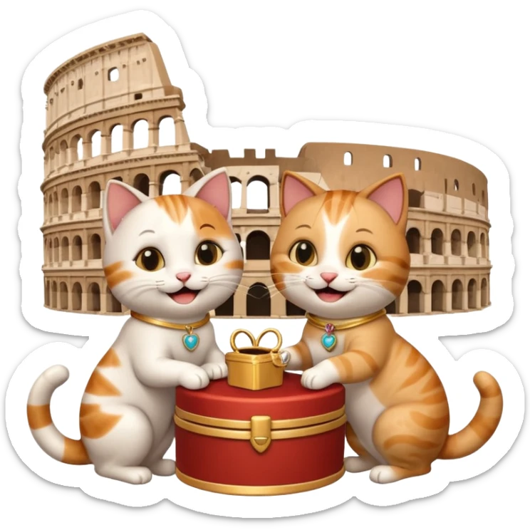 one happy cat proposing marriage to another happy cat in front of the Colosseum, both cats smiling, with a ring box, playful and cute, emoji style sticker