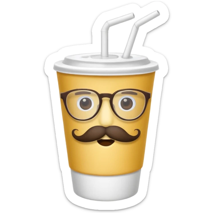 paper cup and white straw, the cup has eyes and mouth and glassess and mustache sticker