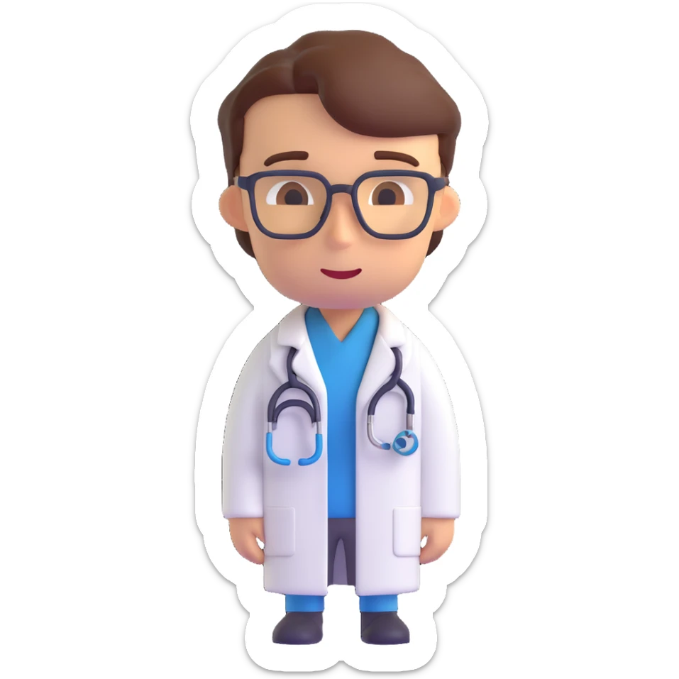 Close-up of a medical or clinical researcher in 3D emoji style, wearing a lab coat and having a thoughtful expression, with a neutral background. sticker