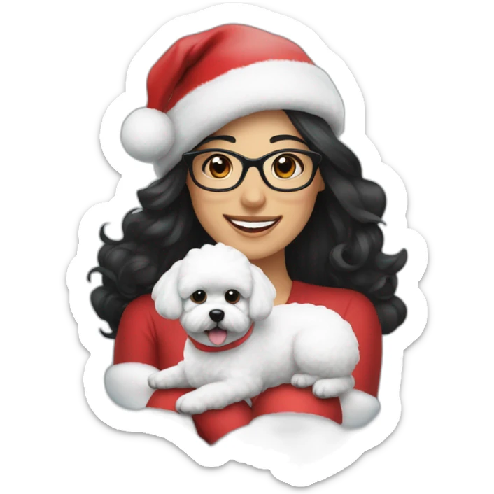 woman-black hair-christmas hat-with glasses-with bichon dog-white-smile sticker