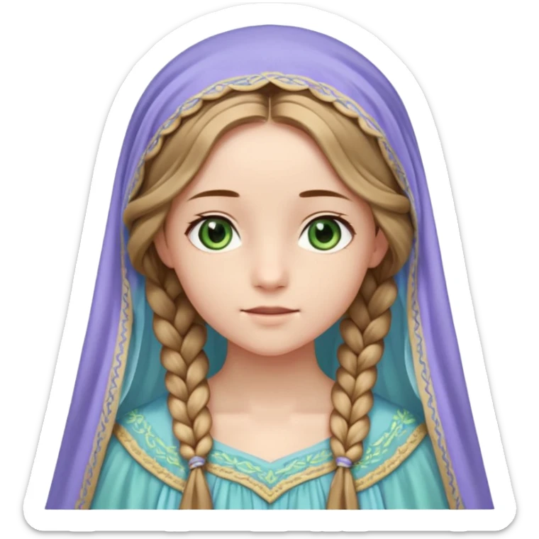 Joven de unos 20 años, de aspecto dulce y elegante.
Piel clara, ojos expresivos (pueden ser azules o verdes)
Rubio o castaño claro, largo, con trenzas o velo.
Vestido largo de tonos suaves (blanco, azul o lavanda), con bordados dorados; un manto o toca fina cubriendo la cabeza. sticker