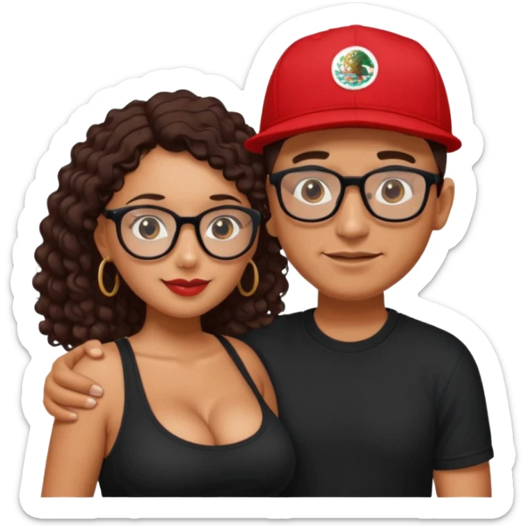 A picture of an embracing tanned couple. the man is a Mexican man with tanned skin, with a bald hair cut wearing a red SnapBack hat and wearing a black shirt. the woman is mixed, with glasses,  with long curly dark brown hair and with big boobs.  sticker