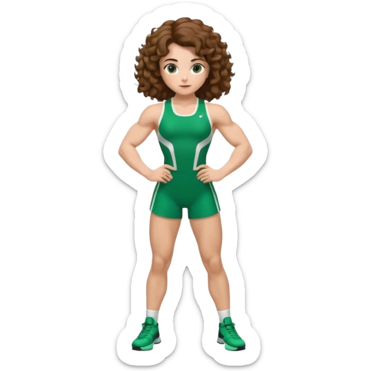 flexing muscles, big biceps, muscled torso, very beautiful italian girl, looking like Emma Watson, with curly and big volume very bright brown hair, dressed in a beautiful green sports costume, full body sticker