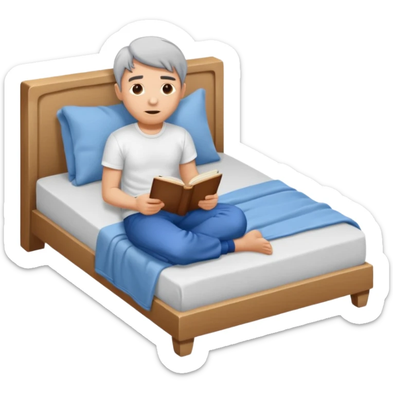 bed with a wrinkled blanket, the pillow out of place on the floor. t-shirt, pants, and an open book on the floor. sticker