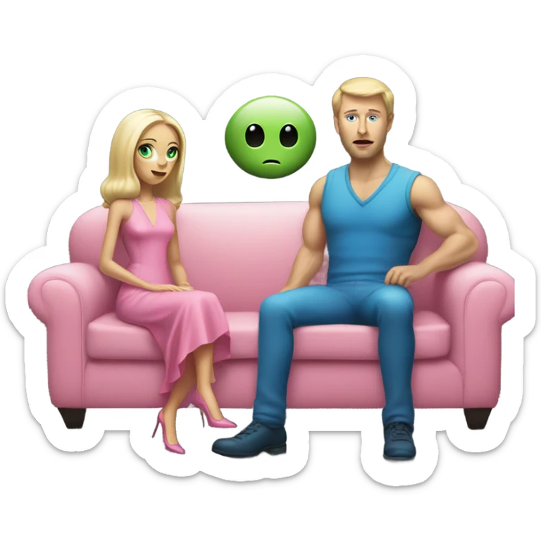 light green skin alien blonde woman in pink dress , and caucasian man in blue dress sitting on a white couch  sticker