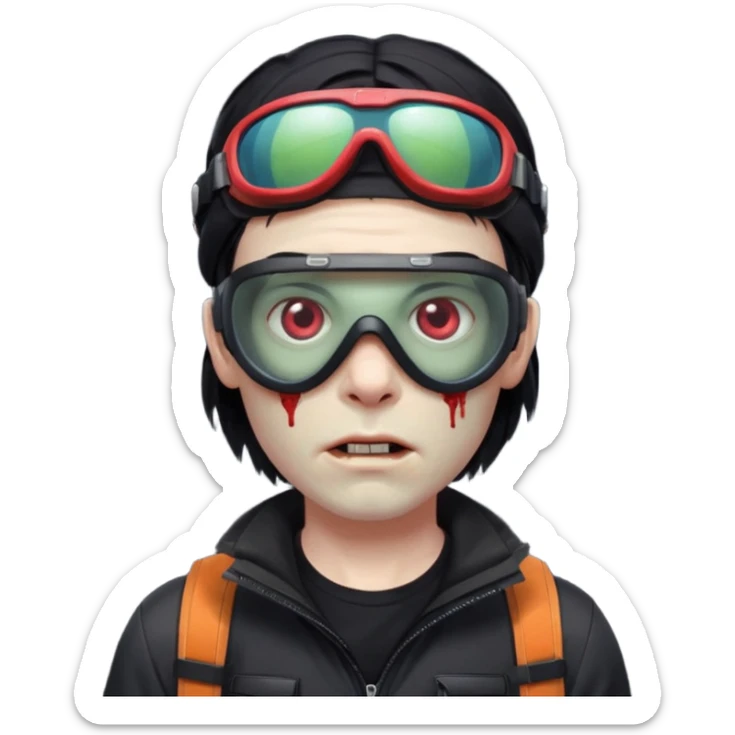 Zombie Emoji AppleIOS Style, lowfade Black Hair, Ski Goggles on right slide of The Head, and Black T-shirt sticker