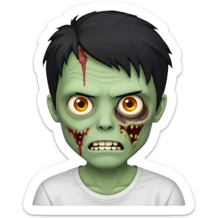 Rosto de frente classico de zombie boca meio torta cabelos medios grandes pretos bagunçados low fade com pele verde clara camiseta branca sticker