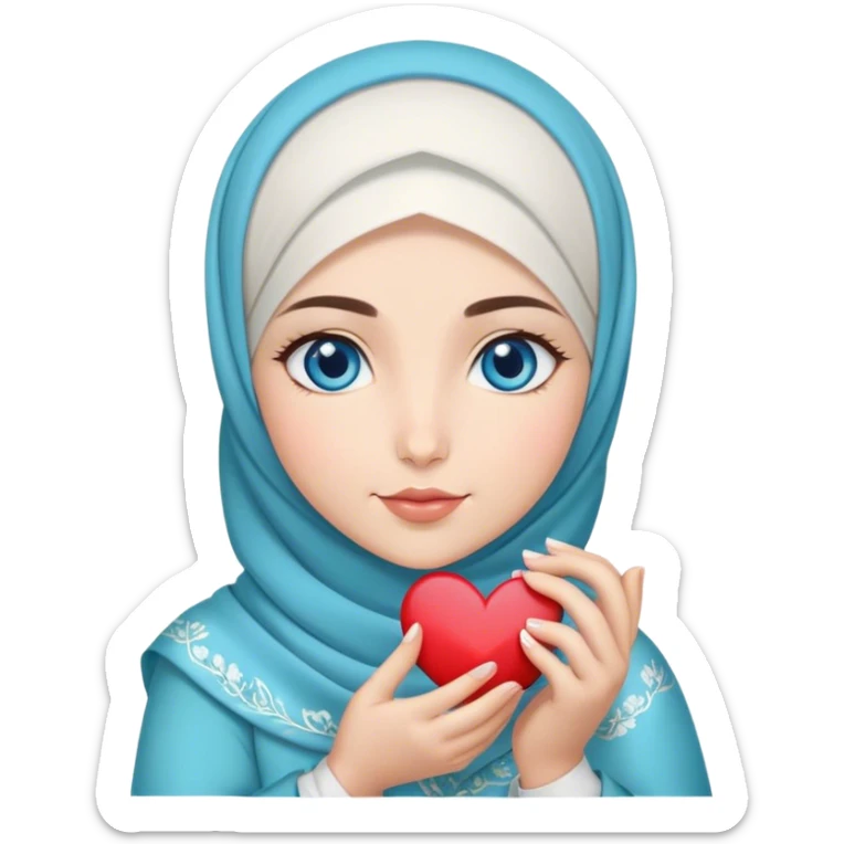 Turkish beautiful finish Konya girl blue eyes with magnolia flower design hijab and hold heart in her hand  sticker