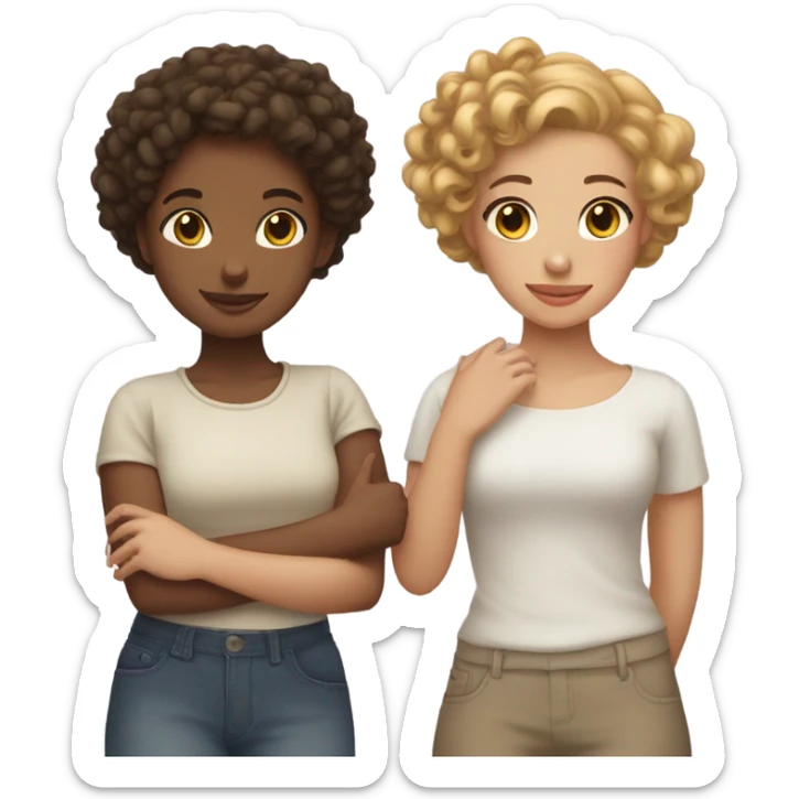Full body, Two girls holding hands light skin  one  with a curly bun and one  with curly hair sticker
