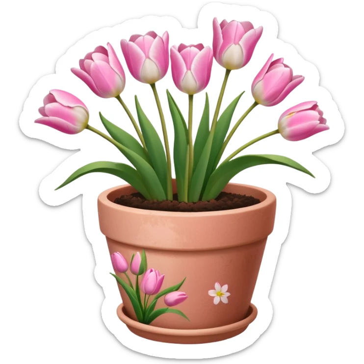 pink tulips in a plant pot in terra cota with white and pink flowers hand painted on the pot  sticker