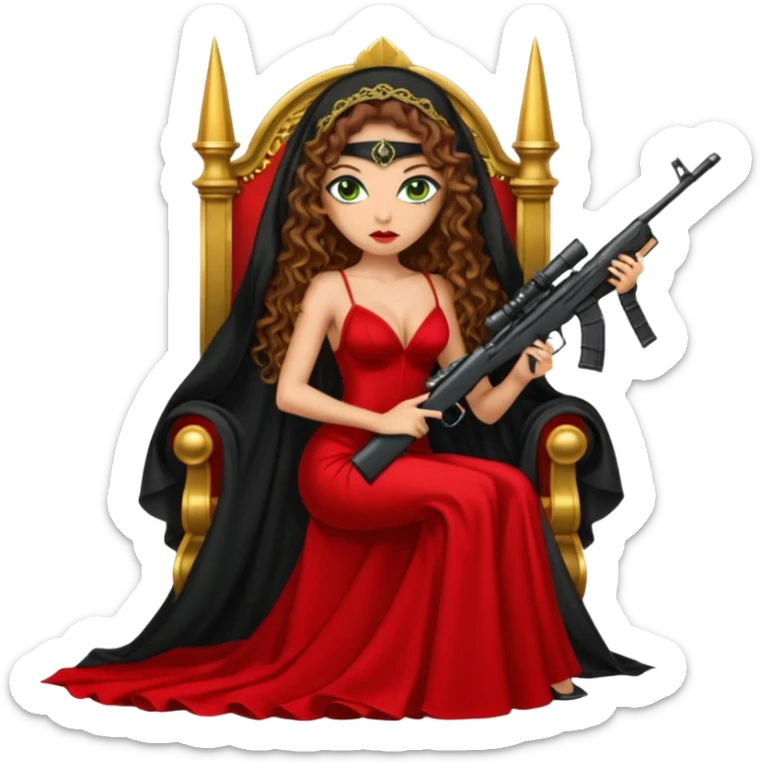 Drug dealer female green eyes symbol.  hair is brown curly long hair. sexy long with long red and black dress and mouth veil cover on that covers her mouth and neck only. black stiletto platform high heels shoes on. Holding sniper rifle sitting on a gold throne. sticker