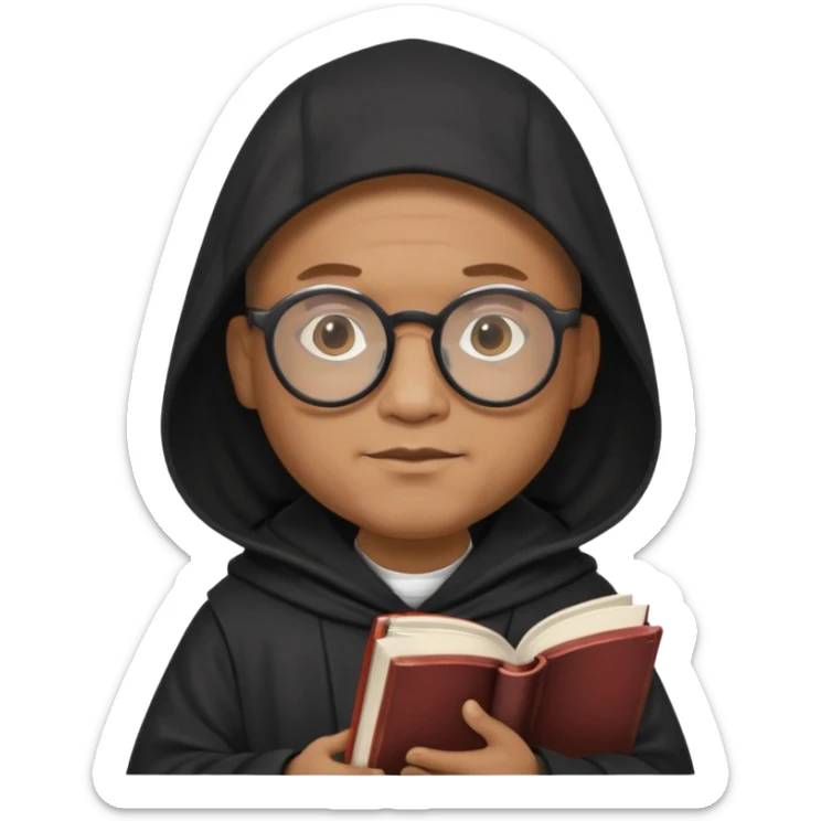 Monk priest prayer black habit with hood round black glasses done light brown wavy hair under hood remove the medallion smaller more round glassed age 46 no necklace more oval face hand holding book that says RB 480 sticker