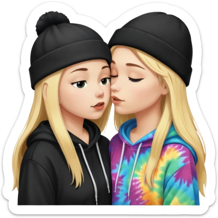 Short brunette haired white girl in a hoodie and a black beanie kissing a tall long blonde haired girl wearing a black beanie and a tiedye hoodie sticker