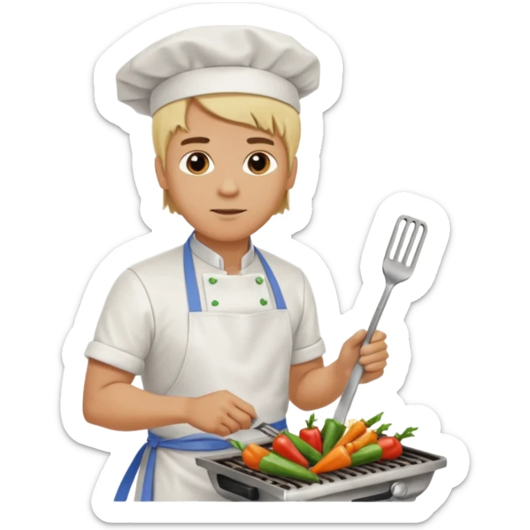 man with tied blond hair and and a white apron grilling vegetables on a sizzling grill sticker