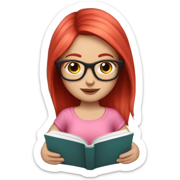 Pale girl with red hair and glasses reading a book she’s got a cute pink outfit on sticker