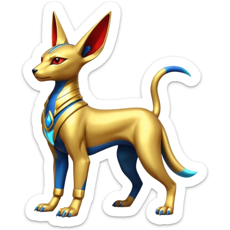 Modern futuristic shiny colorful Anubis-Sphynx-Lombax-Zeraora-Renamon-fusion (full body) sticker