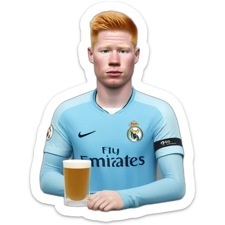 Kevin de Bruyne with a shirt of Manchester City drinking tea with a cup and on the cup there the flag of Real Madrid  sticker