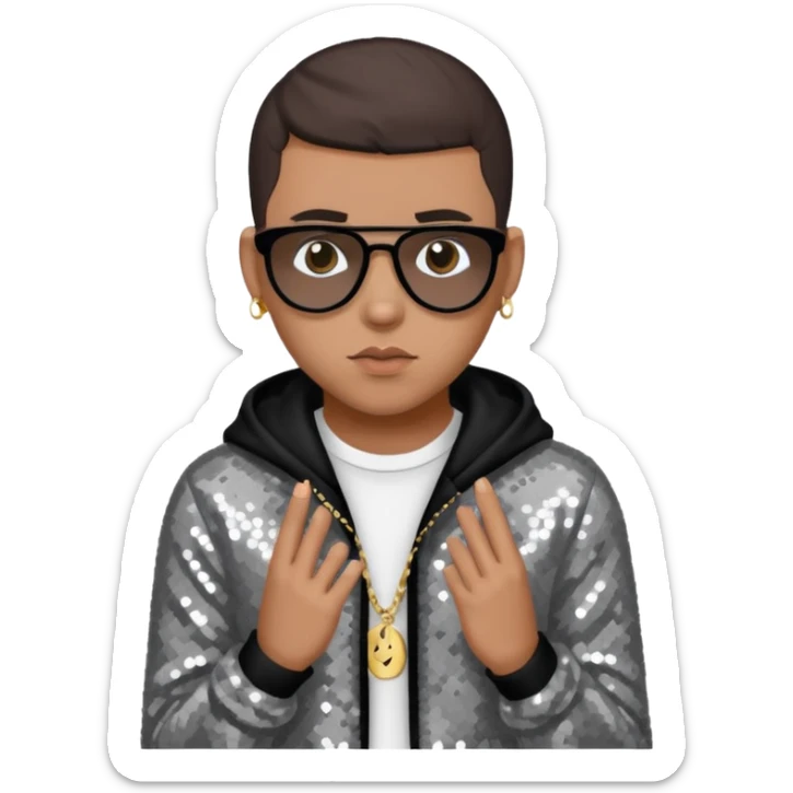Bad Bunny, Puerto Rican Rapper with dark brown hair, gray sequin outfit sticker