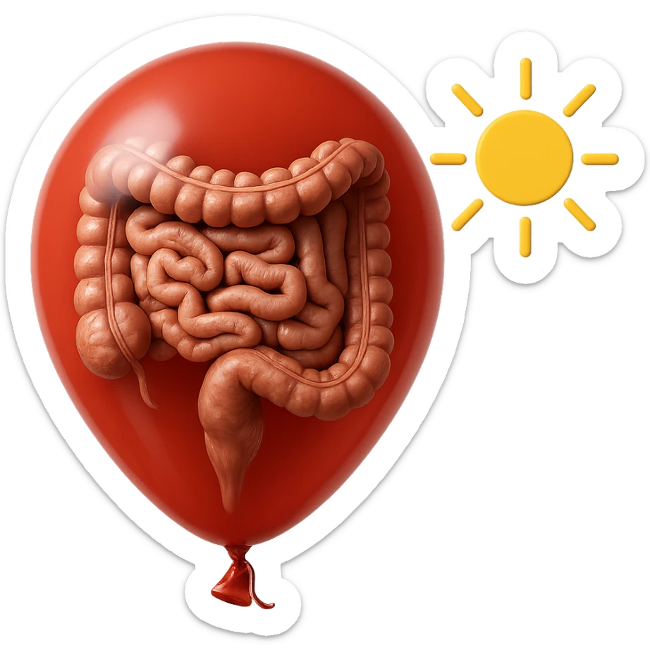 intestino umano anatomico chiuso in un palloncino rosso che simboleggia gonfiore, accanto un simbolo di sole che simboleggia "gonfiori di mattina", iperrealistico 4k sticker