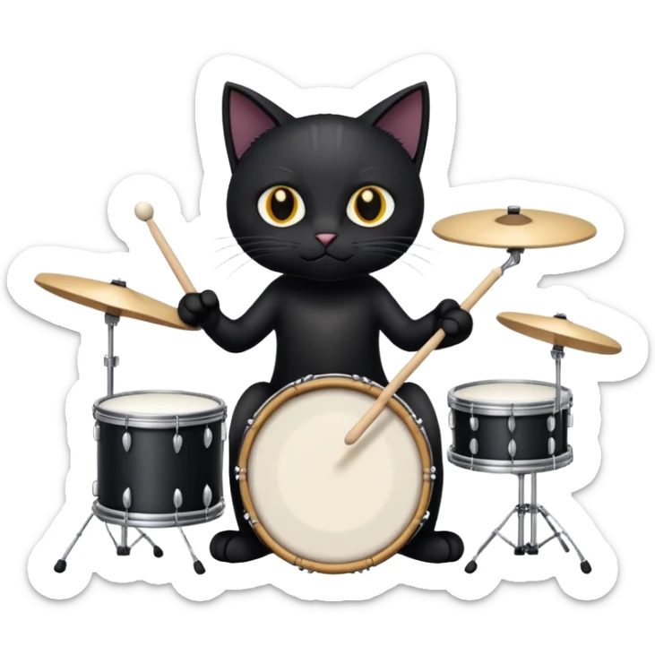 un gatto nero con le zampe bianche che suona la batteria  sticker